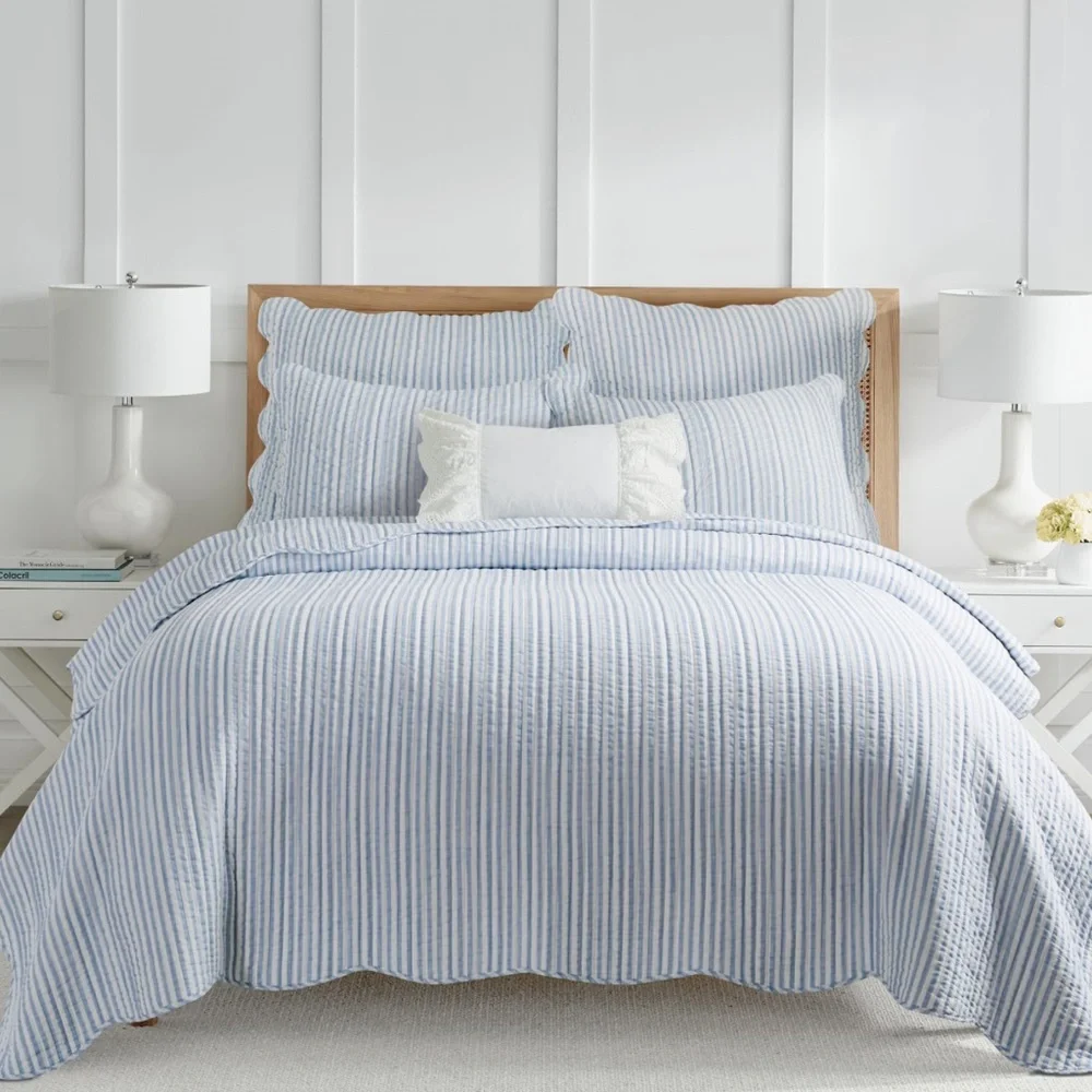 🆕 PB Style Blue & White Striped Cotton Quilt Coverlet Scalloped Trim Set NWT